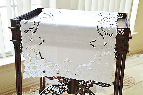 Fancy Hand Embroidery Grace Style Table Runner. 18" x 72". White